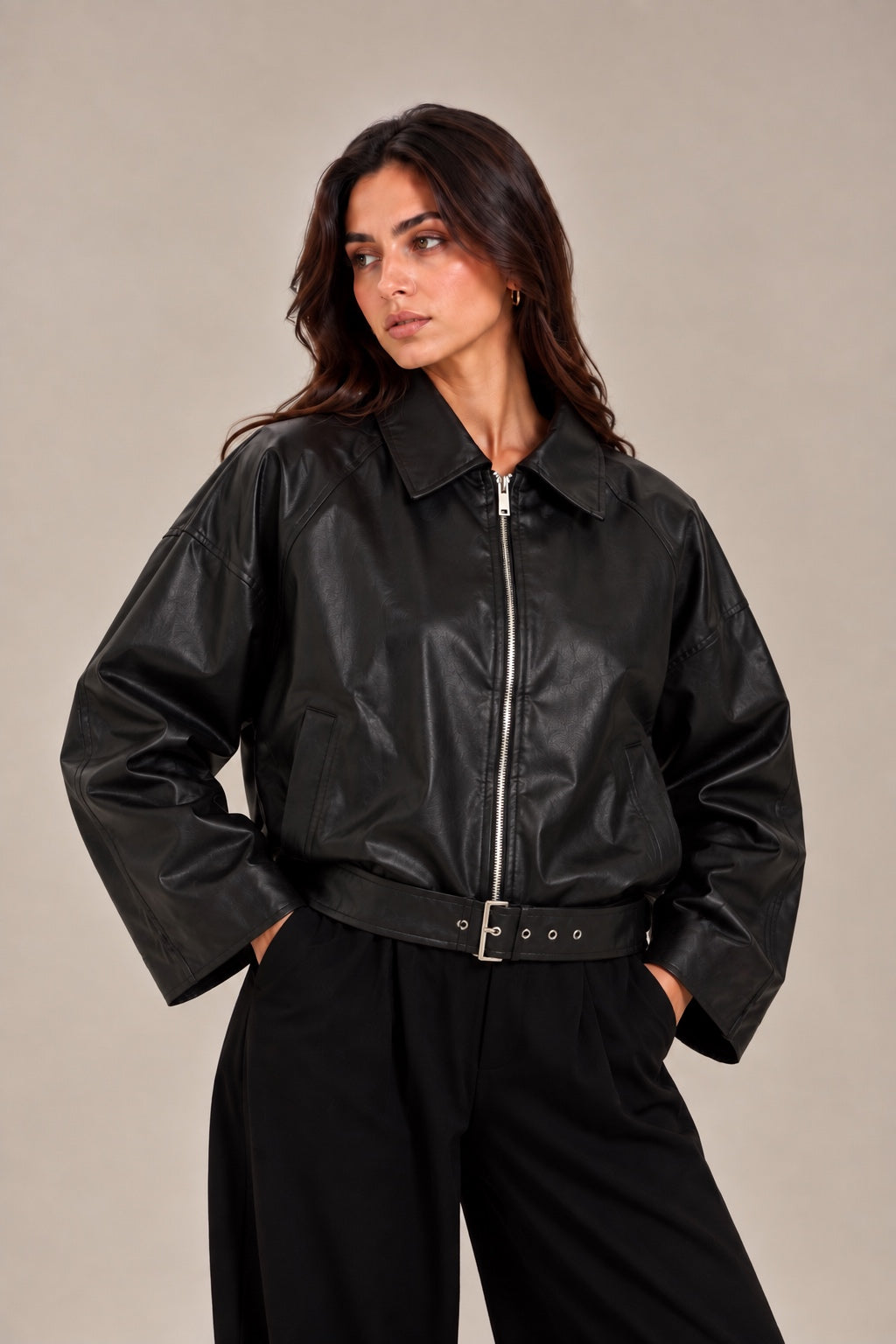 Bumper leather jacket with waist belt