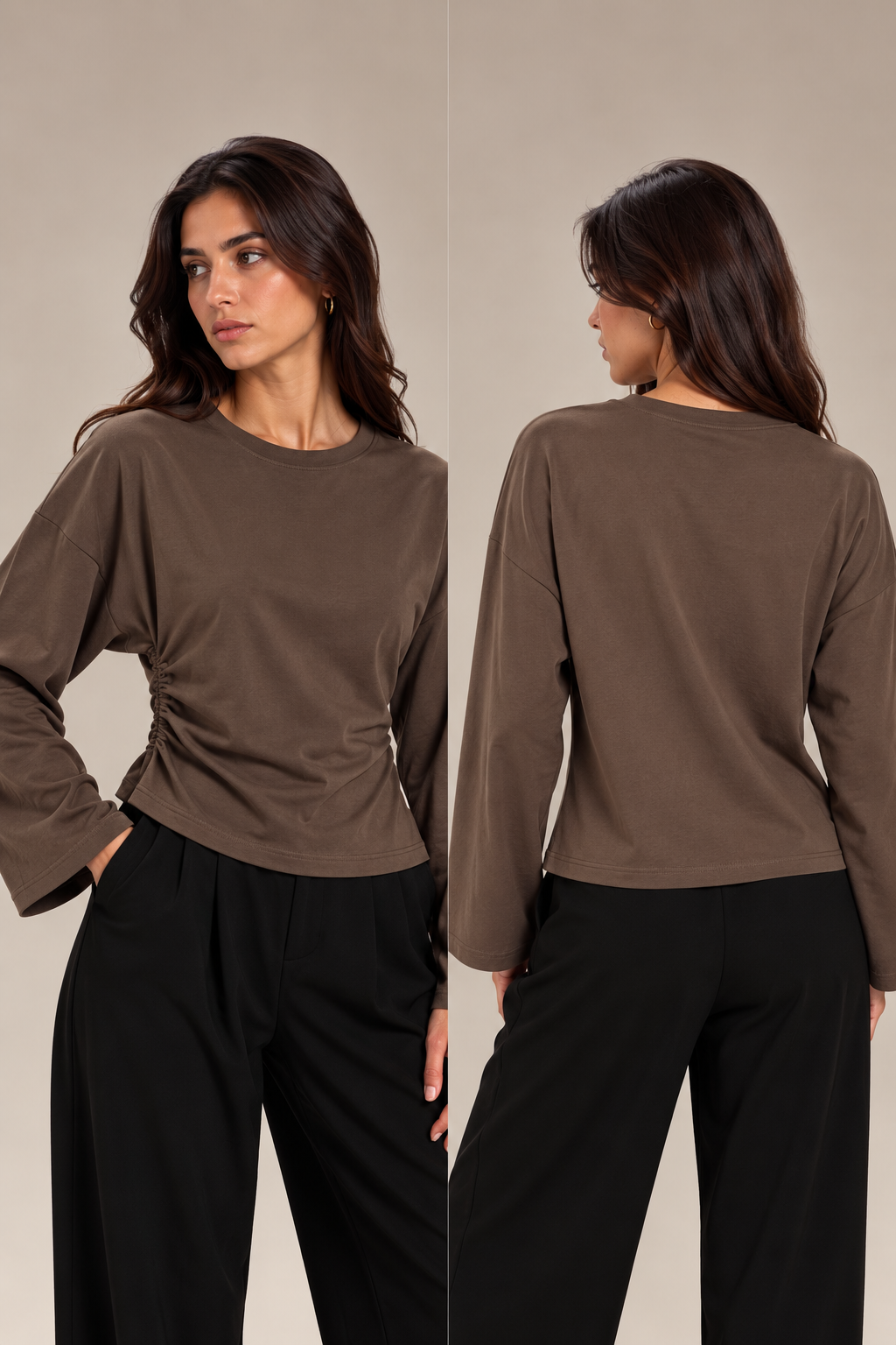 A blouse with wide sleeves and a gathered waist at the side.