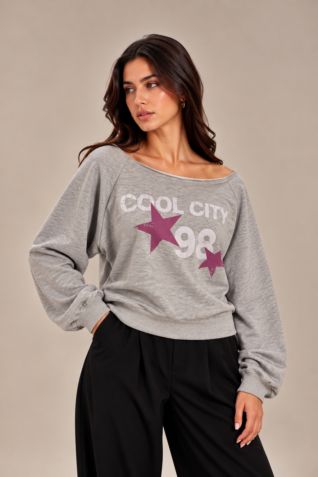 "COOL CITY 98" boat neck gray blouse with purple stars