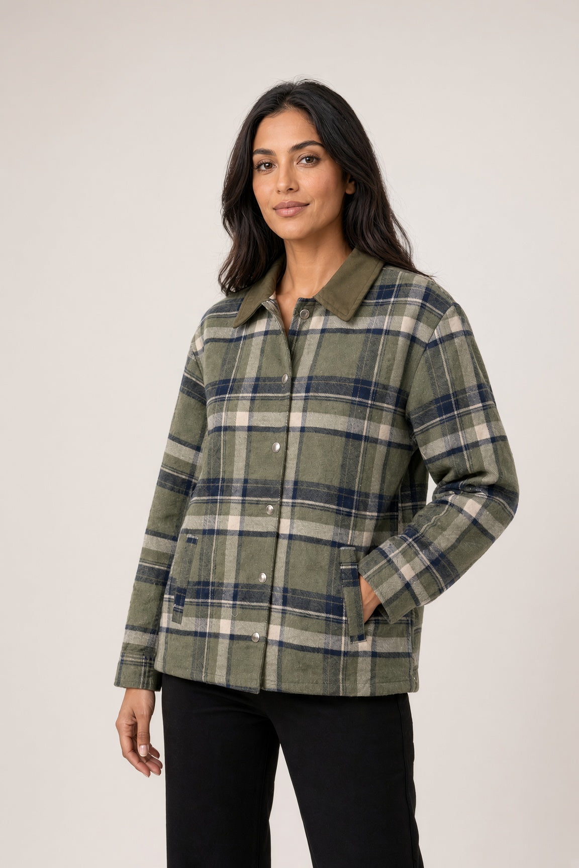 Checkered jacket with a shirt collar, snap-button chest closure, and side pockets.