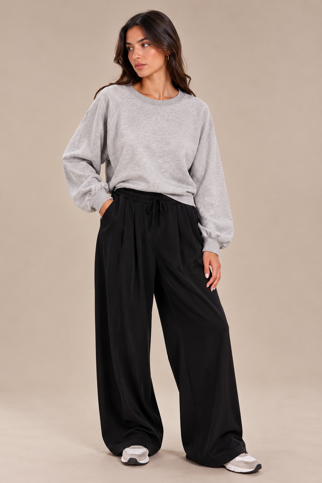 Black Wide leg Sweatpants with Elastic Waist and Tie