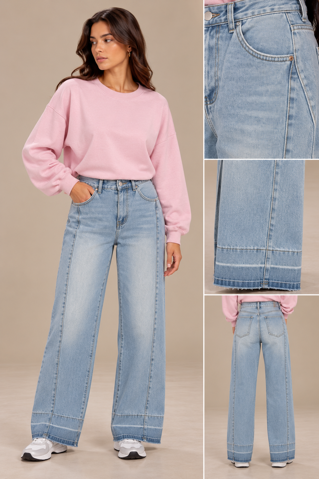 Wide leg jeans with a stripe down the side and a gradient color on both sides at the bottom.