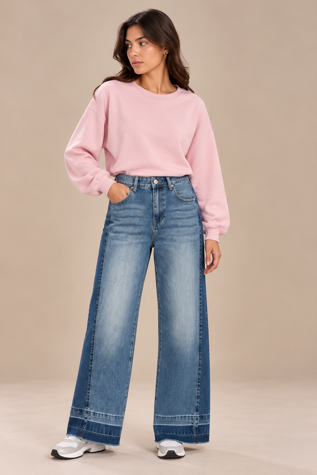 Wide leg jeans with a stripe down the side and a gradient color on both sides at the bottom.