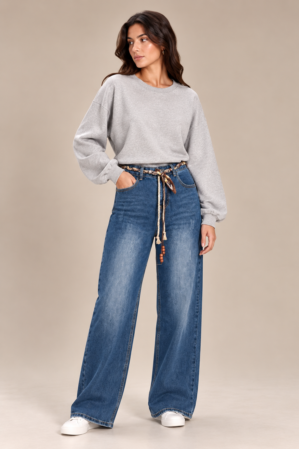 Straight jeans with a scarf belt