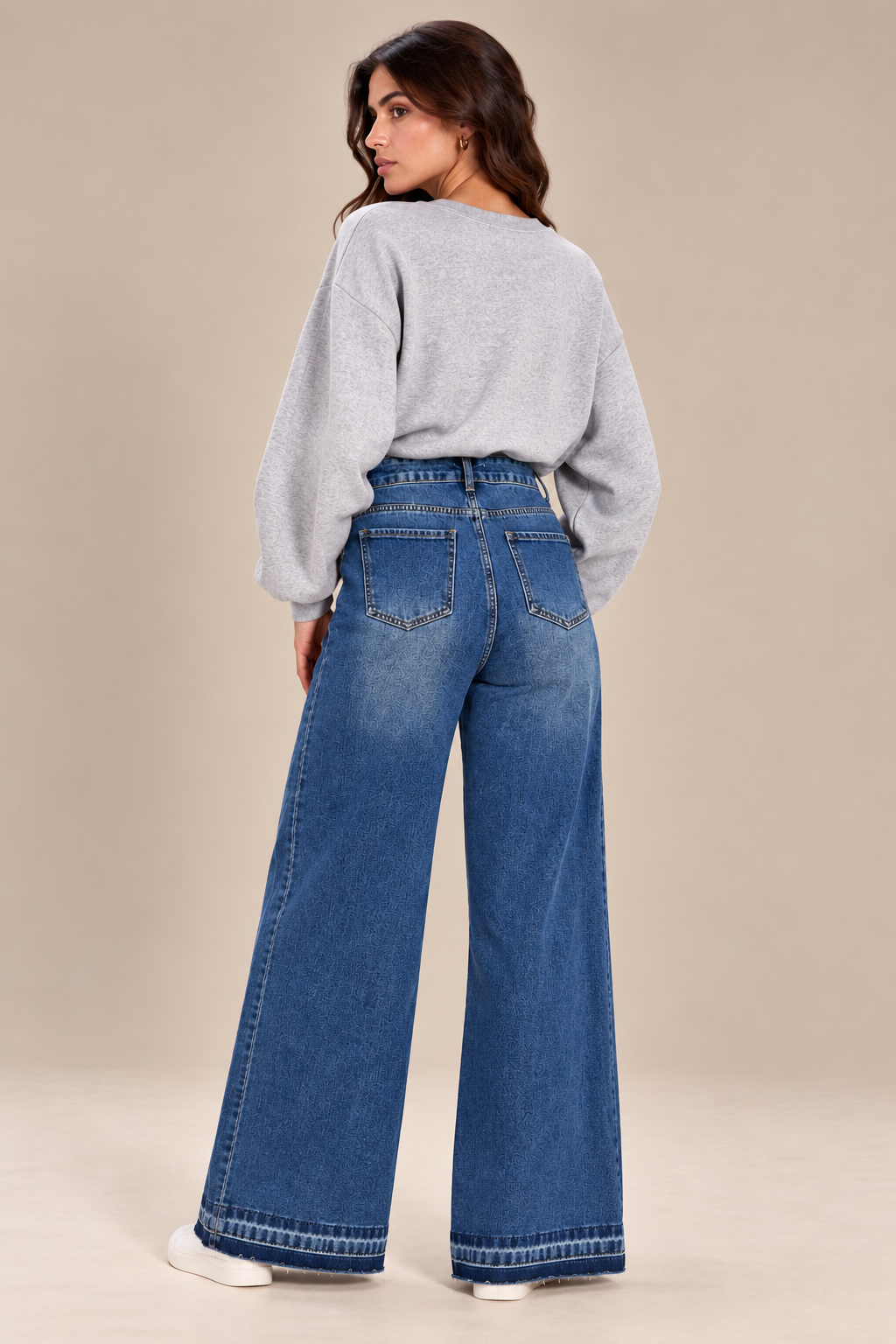 Dark blue wide-leg jeans with white lace trim on the sides