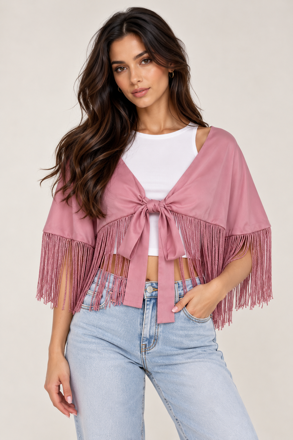 A satin shawl decorated with tassels on the shoulder and waist.