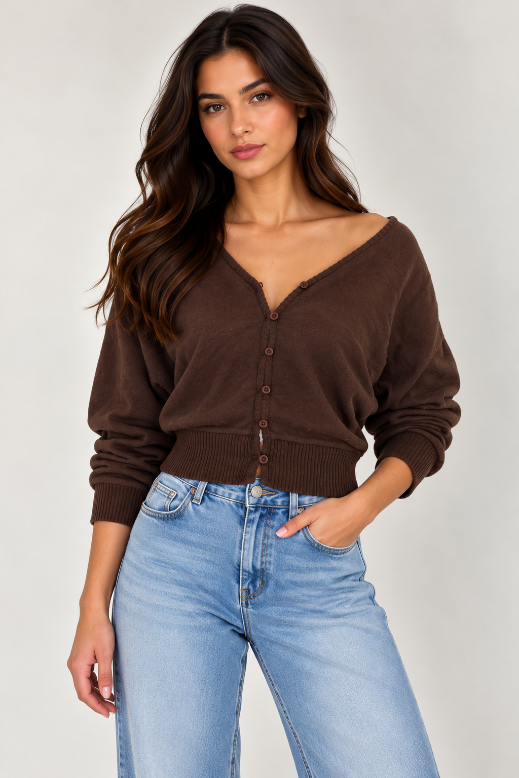Wool cardigan with a V-neck and button closure.
