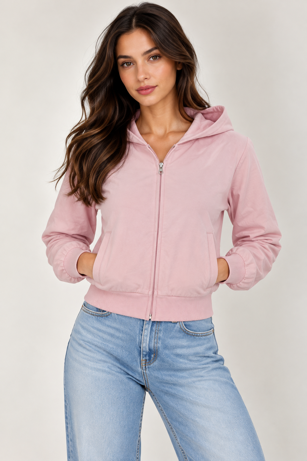 Short zip-up sweatshirt with hood