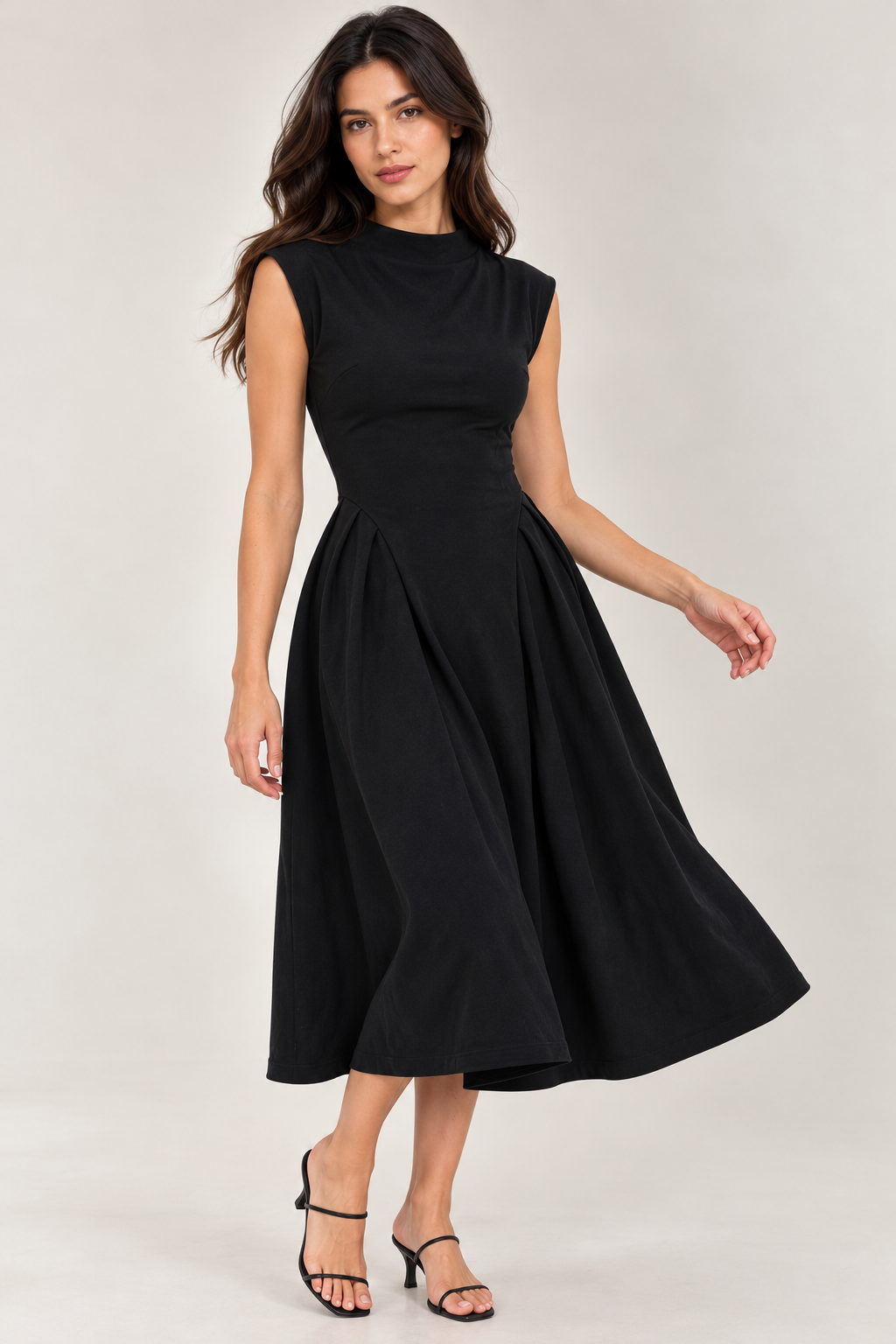 Long dress with a jewel neckline and side ruffles