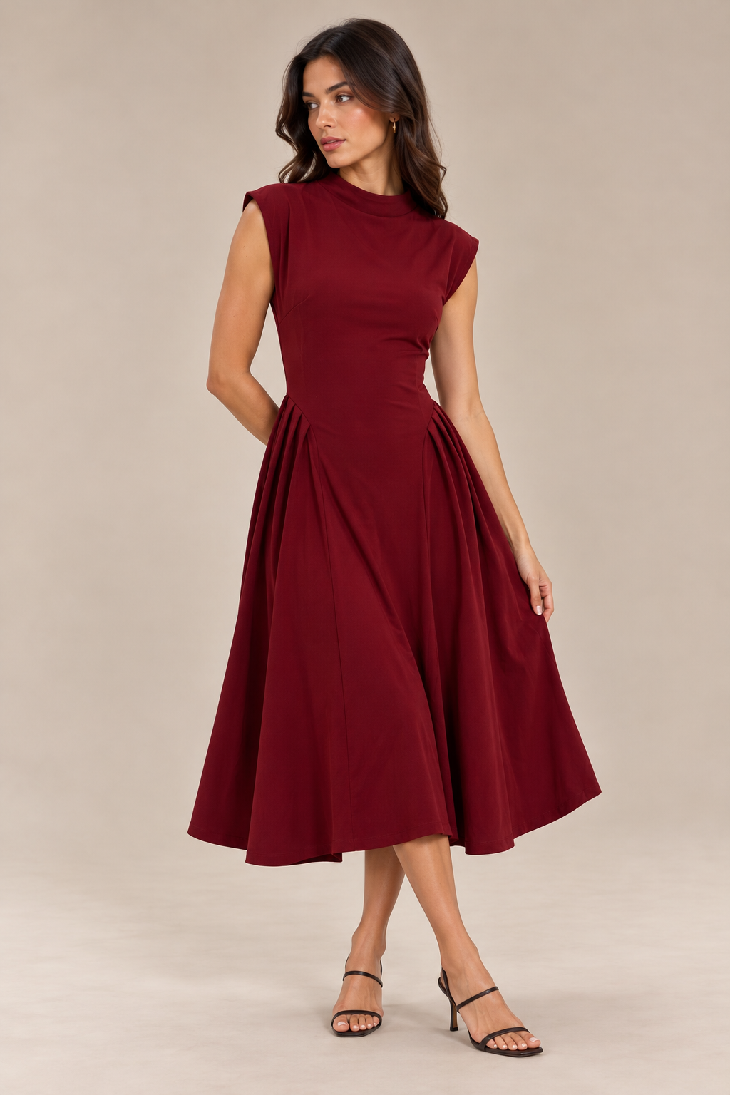 Long dress with a jewel neckline and side ruffles