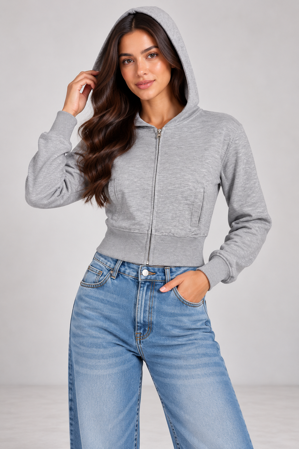 Short zip-up sweatshirt with hood