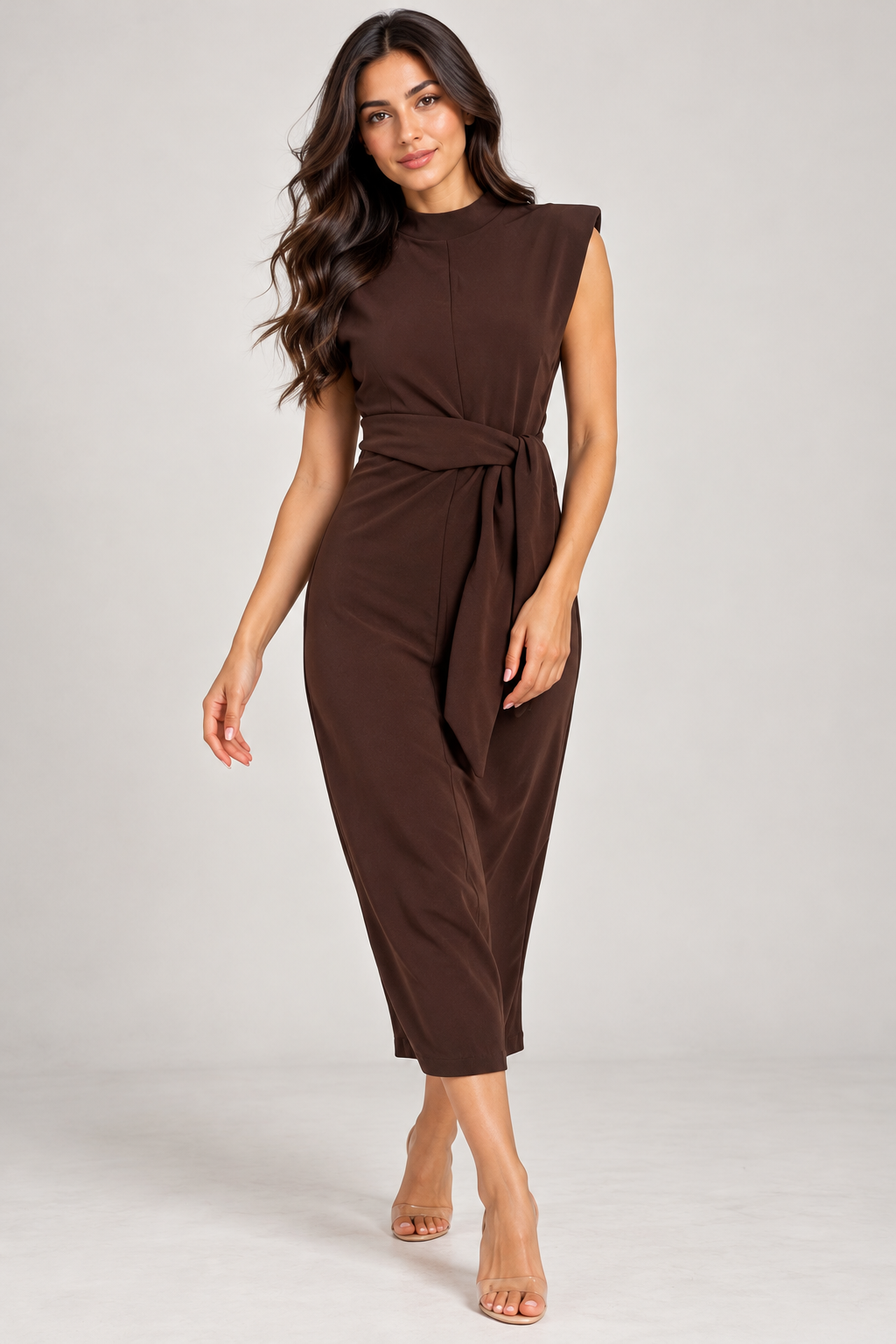 Long brown sleeveless dress with a tie waist