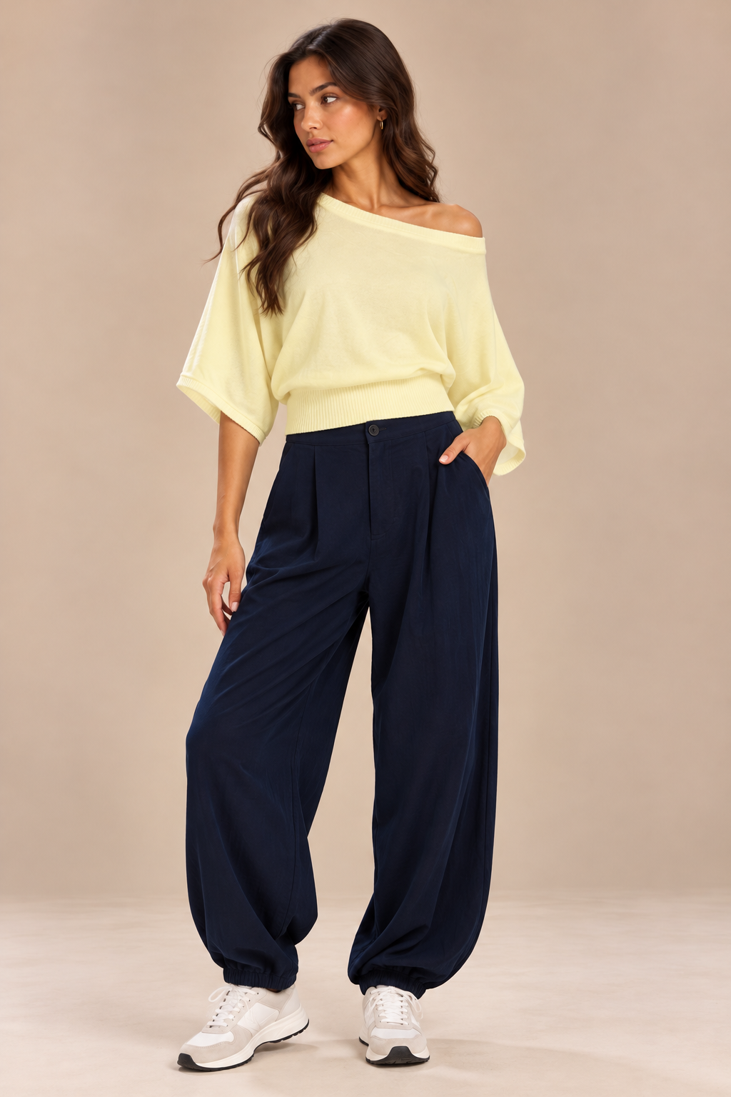 Off-the-shoulder wool blouse with wide cape sleeves