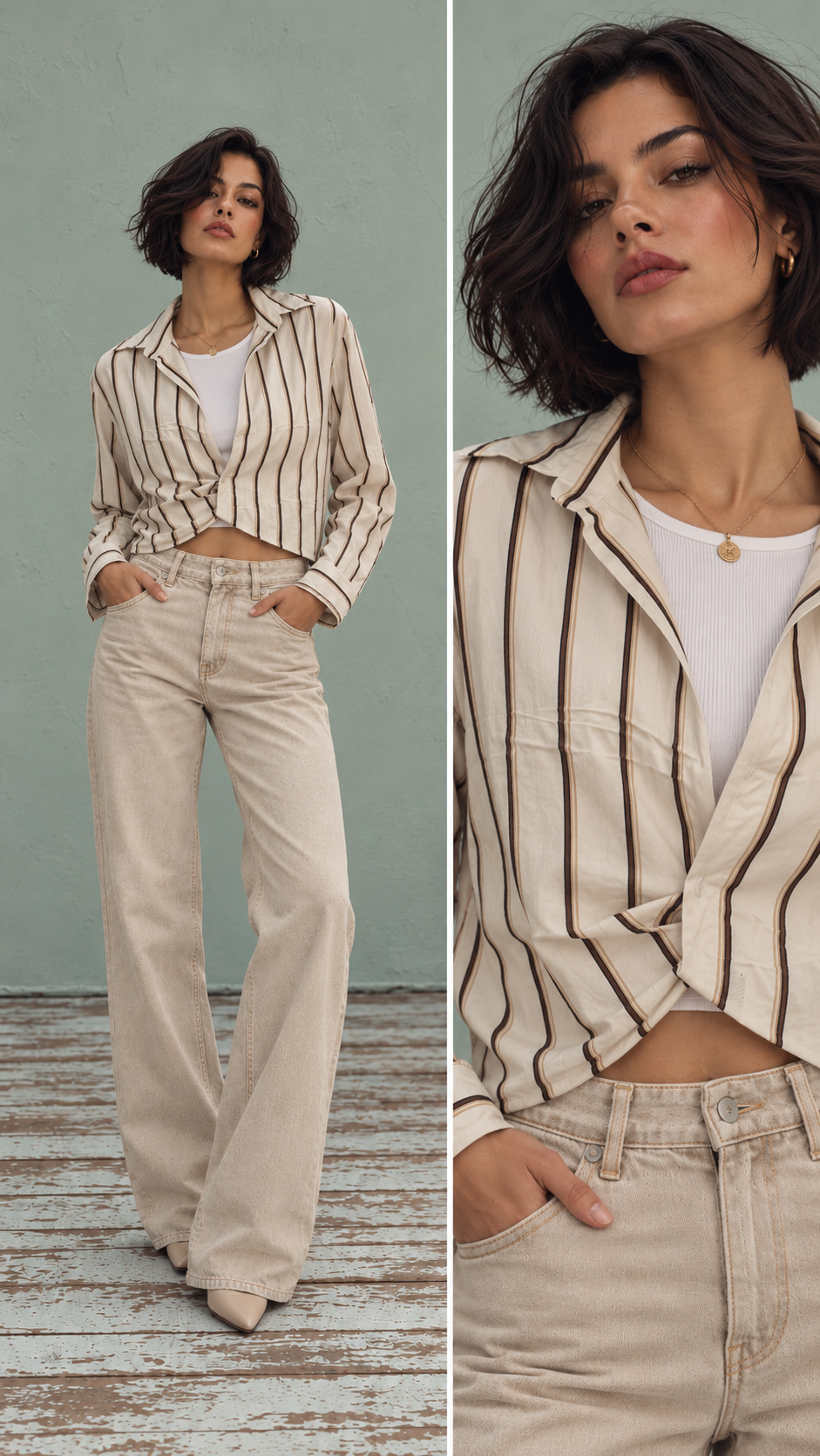 Beige striped cropped shirt with an open neckline, paired with a tank top and gold chain.