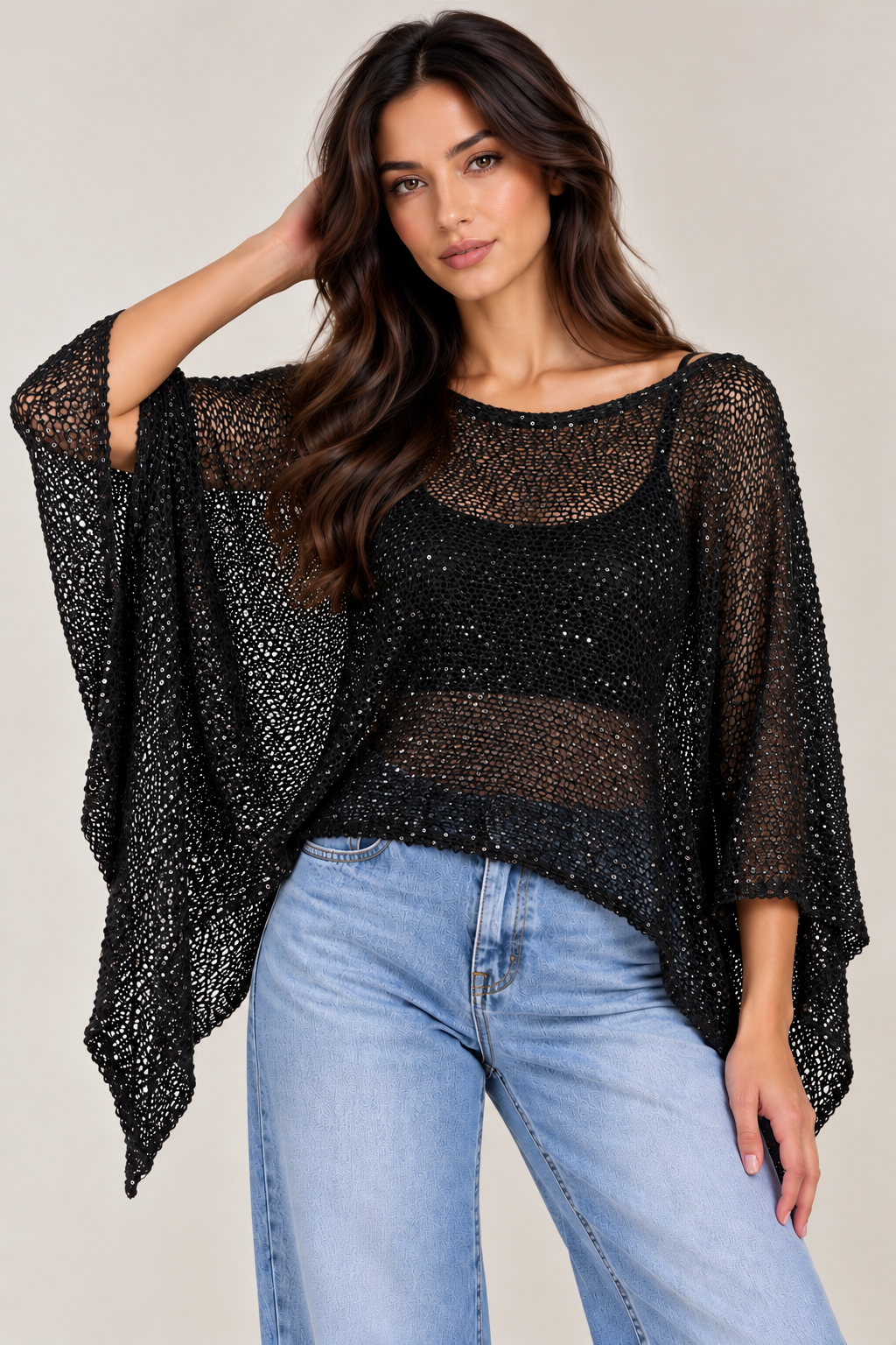 Shiny open-sleeved knit blouse