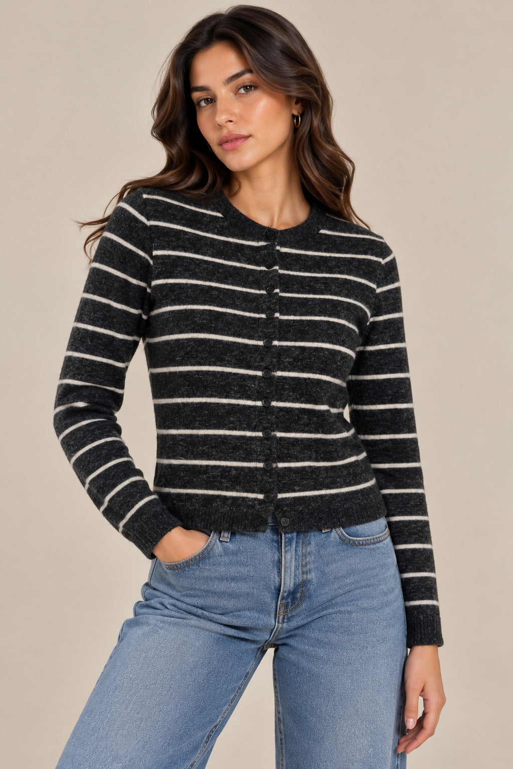 Striped lambswool blouse with long sleeves and button-up front