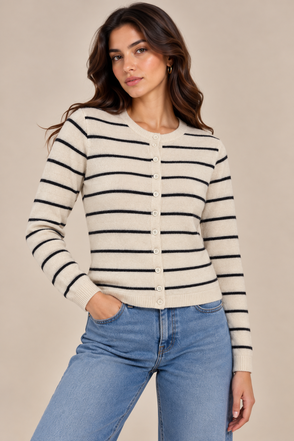 Striped lambswool blouse with long sleeves and button-up front