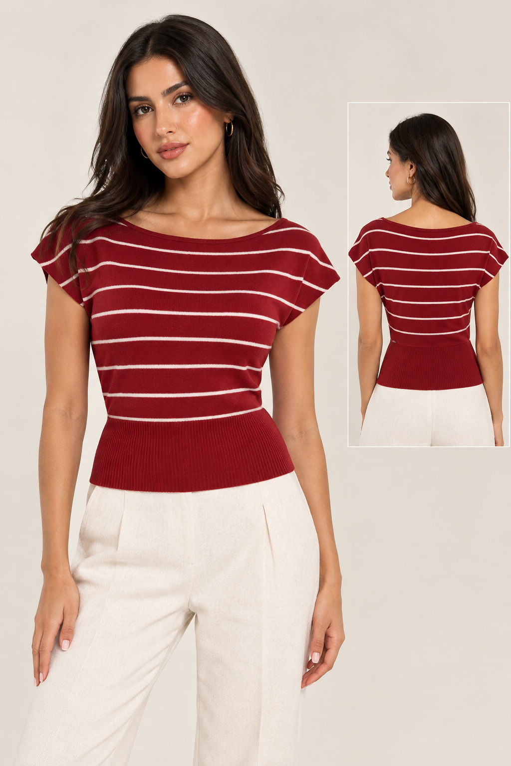 Striped wool T-shirt with open shoulder