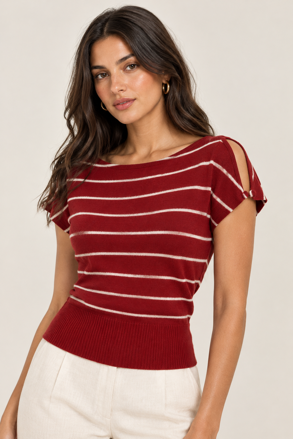 Striped wool T-shirt with open shoulder