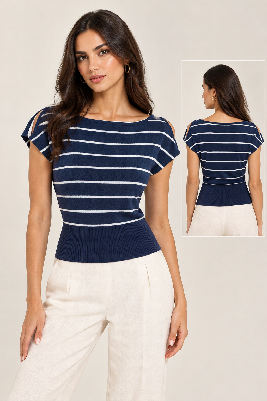 Striped wool T-shirt with open shoulder