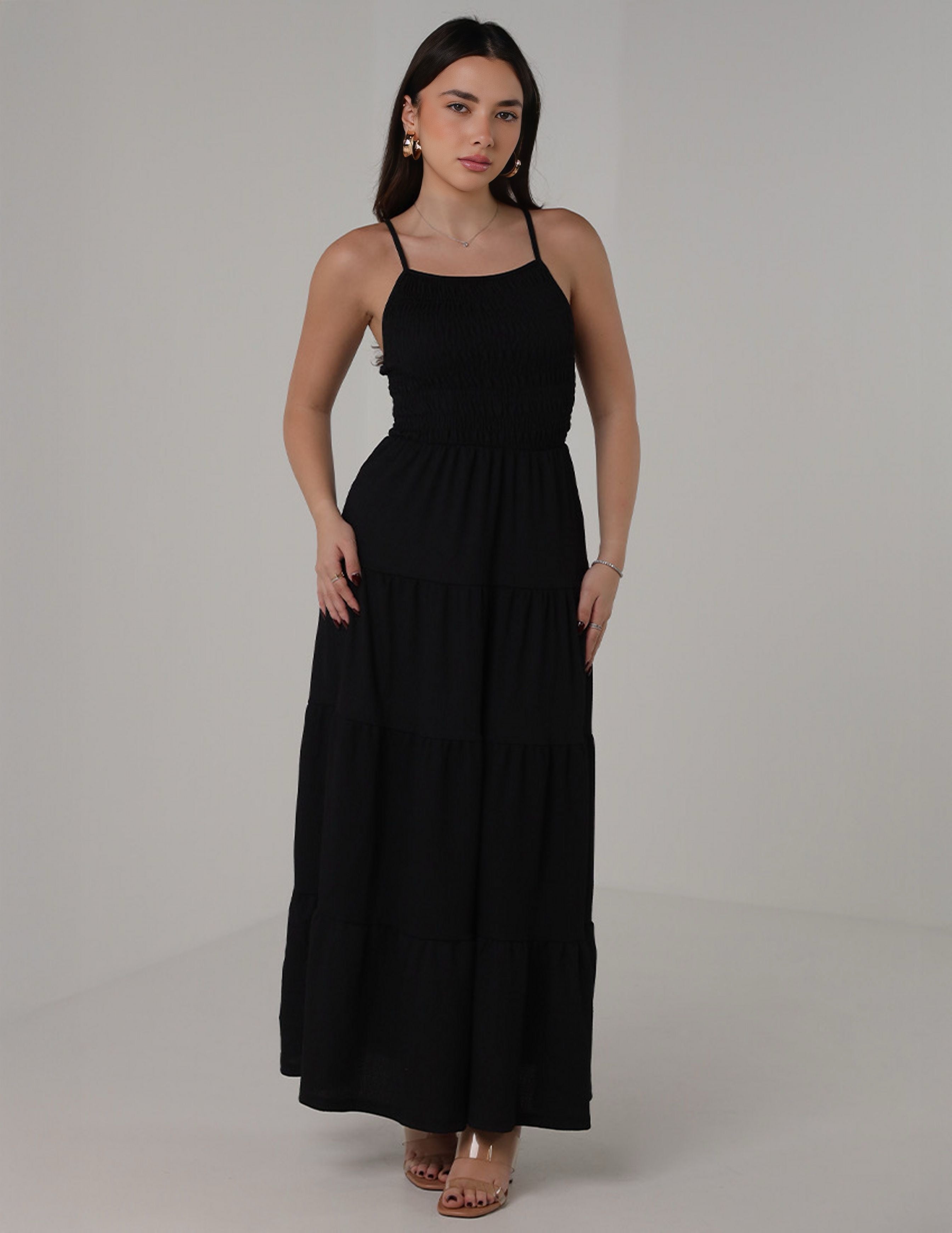 long stretchy dress with tiered layers