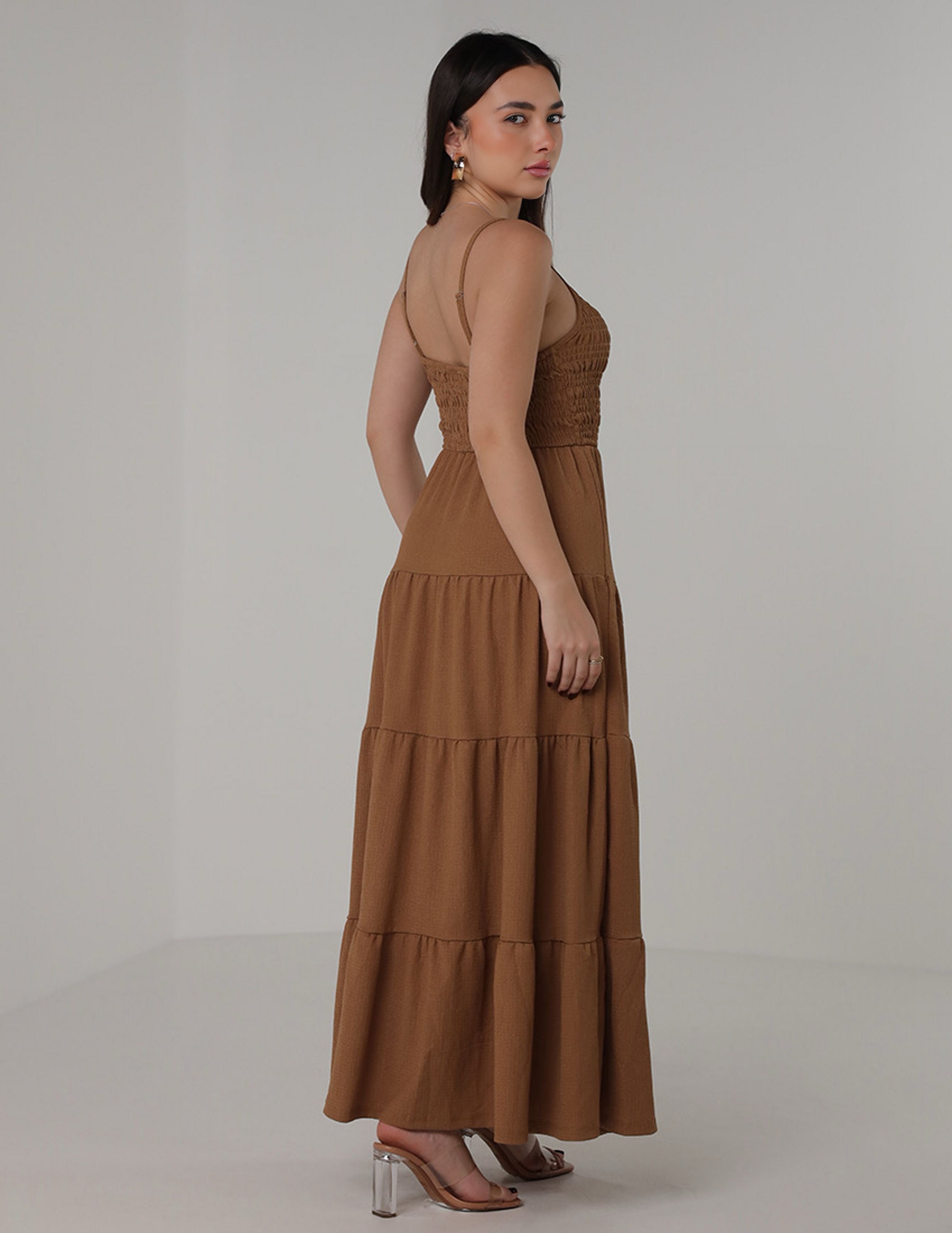 long stretchy dress with tiered layers