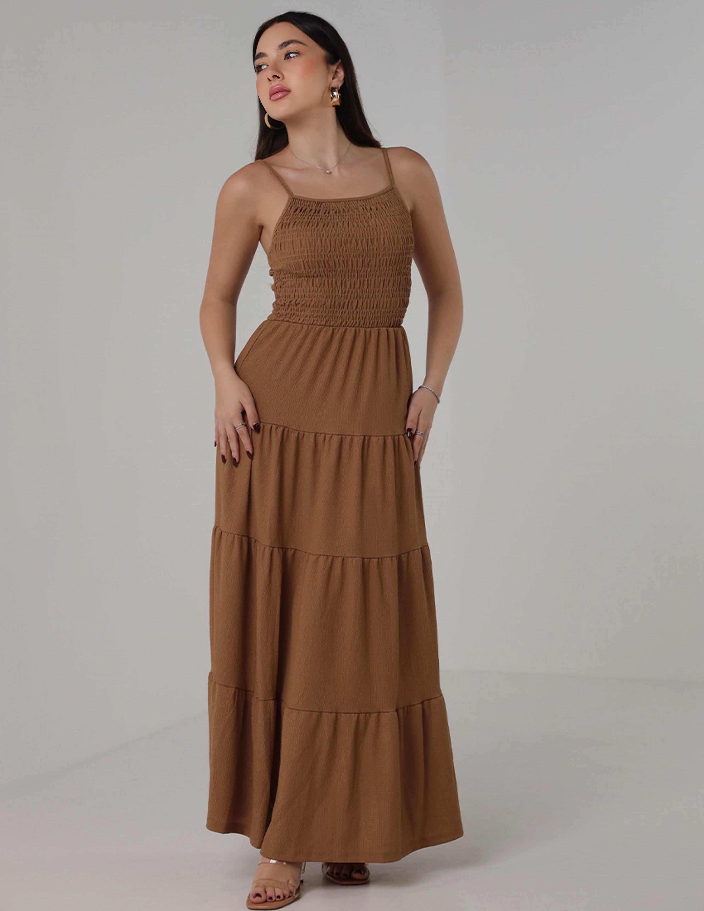 long stretchy dress with tiered layers