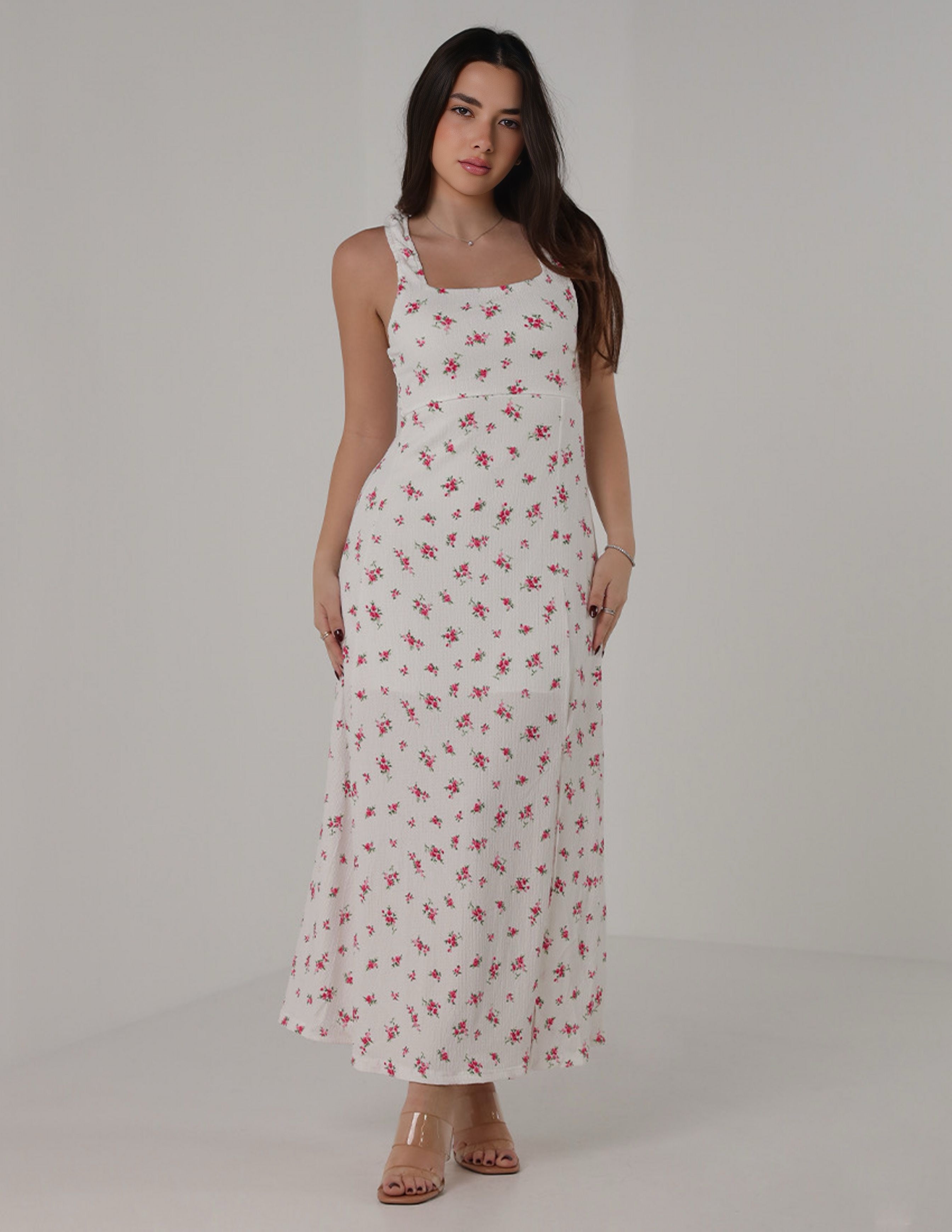 Pink Roses Print Maxi Dress