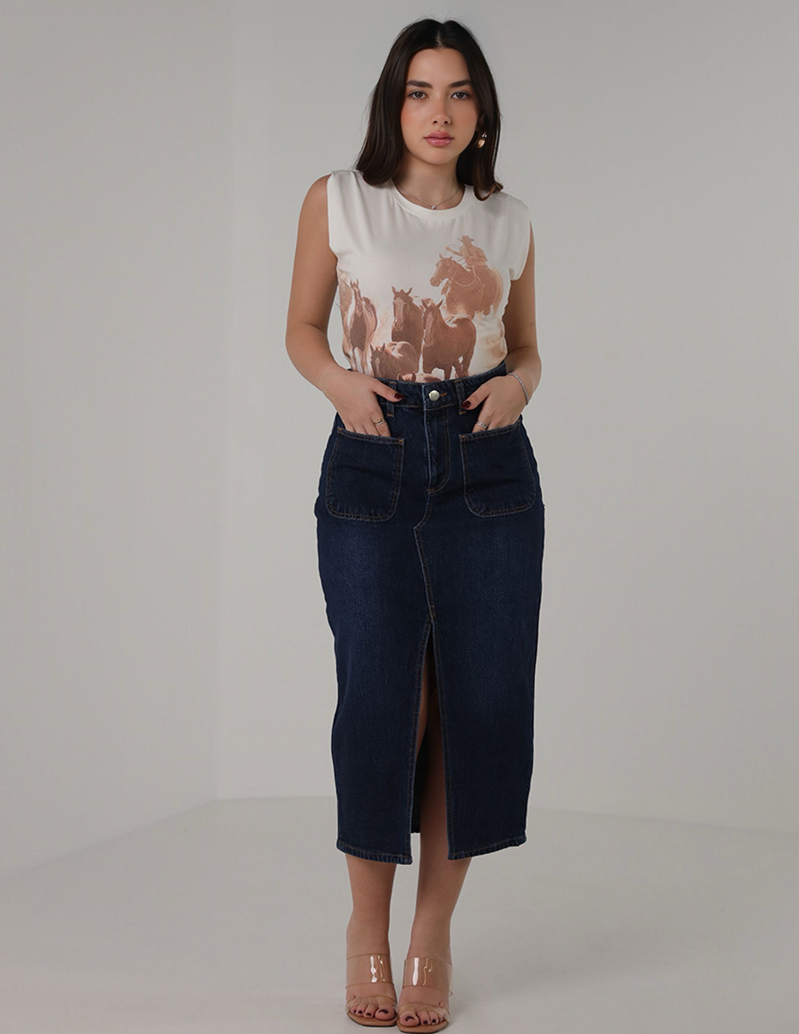 Front-Slit Denim Skirt