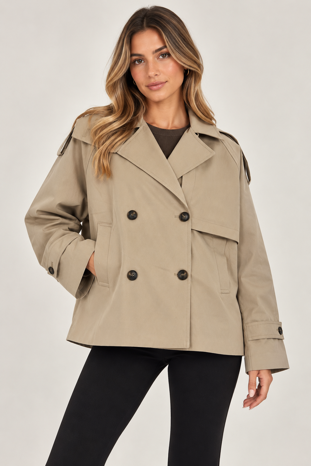 Beige trench coat with button-up front and hood