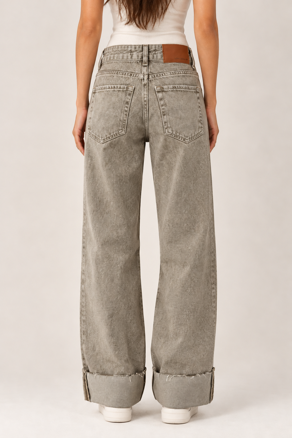 Dirty beige folded-over wide-leg jeans