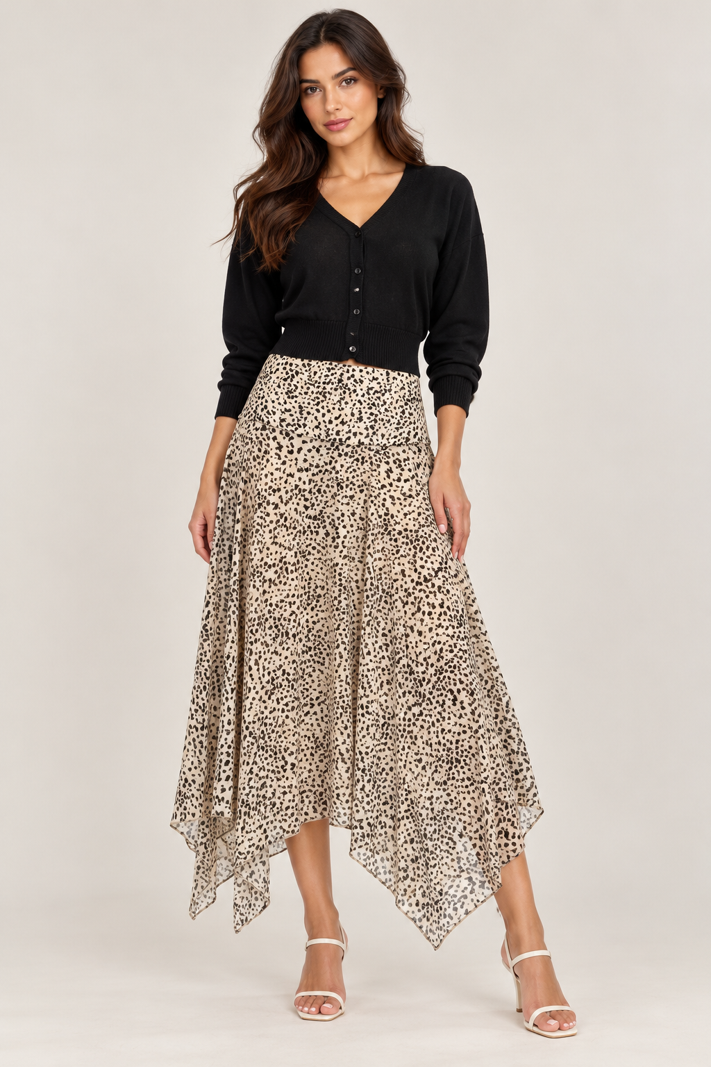 Beige and brown chiffon midi skirt