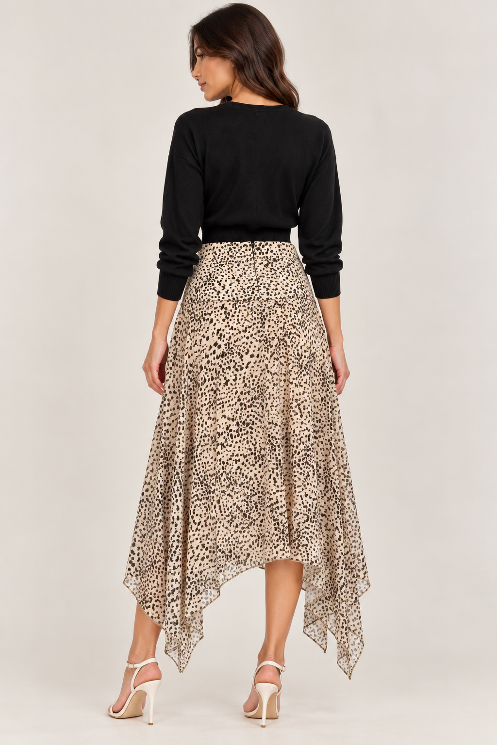 Beige and brown chiffon midi skirt