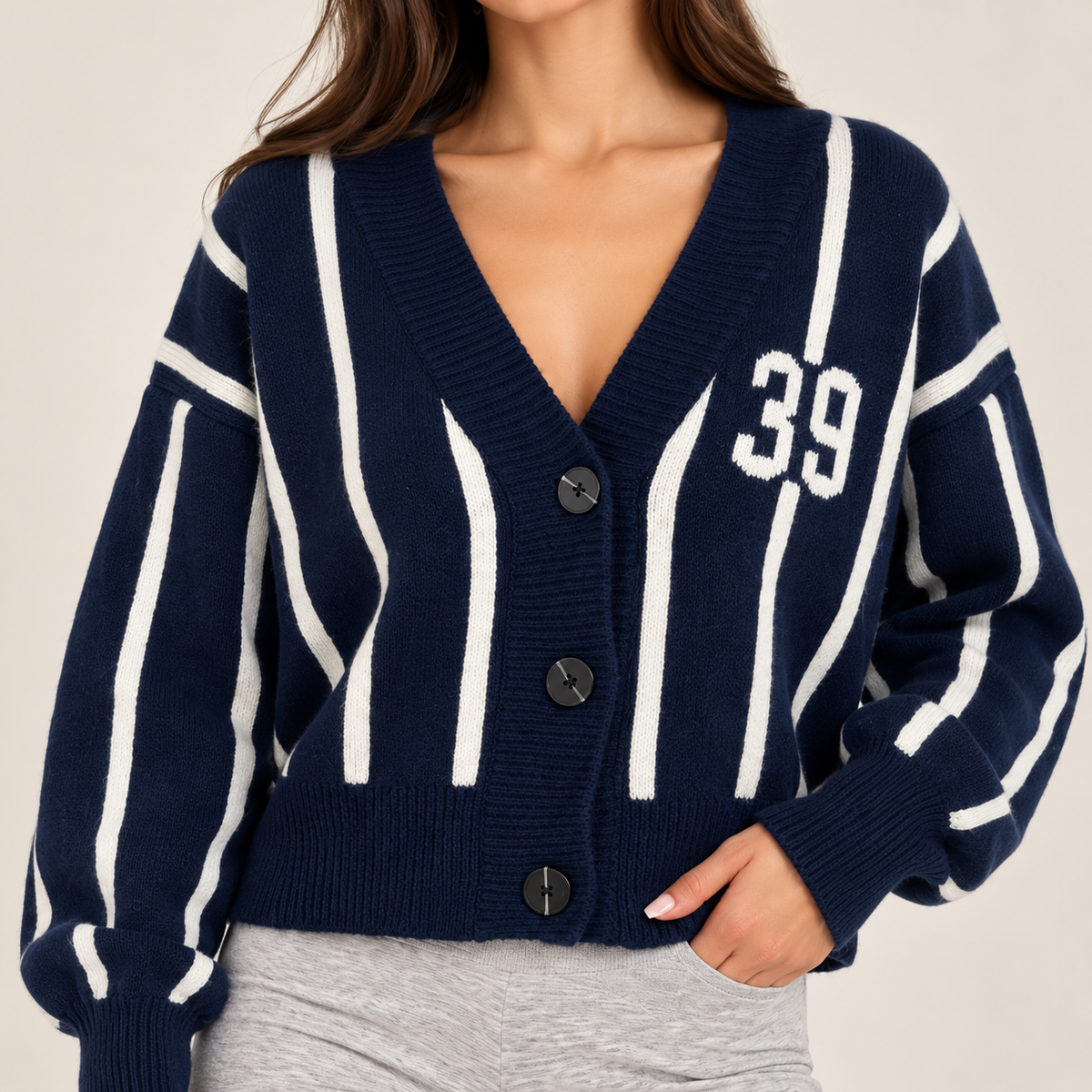 Dark blue wool cardigan with white stripes "EST 1992"  " 39"