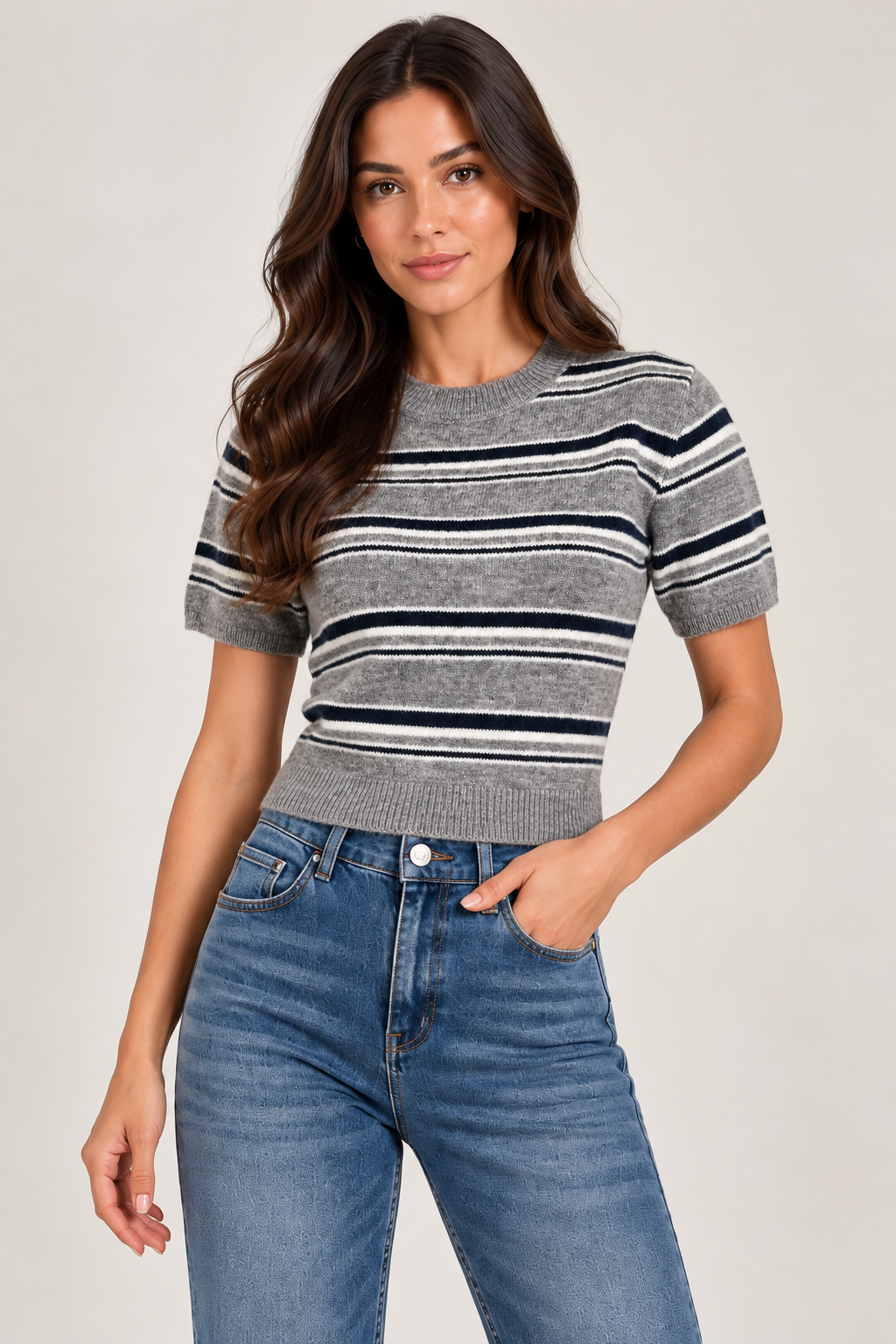 Gray wool t-shirt with blue and white stripes