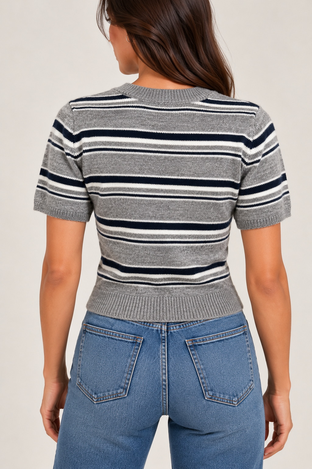 Gray wool t-shirt with blue and white stripes