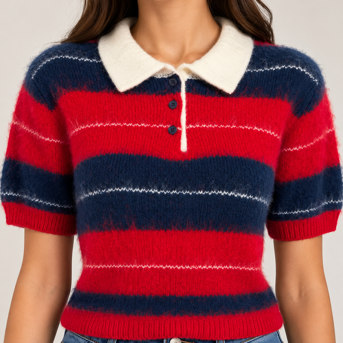 Striped wool T-shirt with a collar and buttons