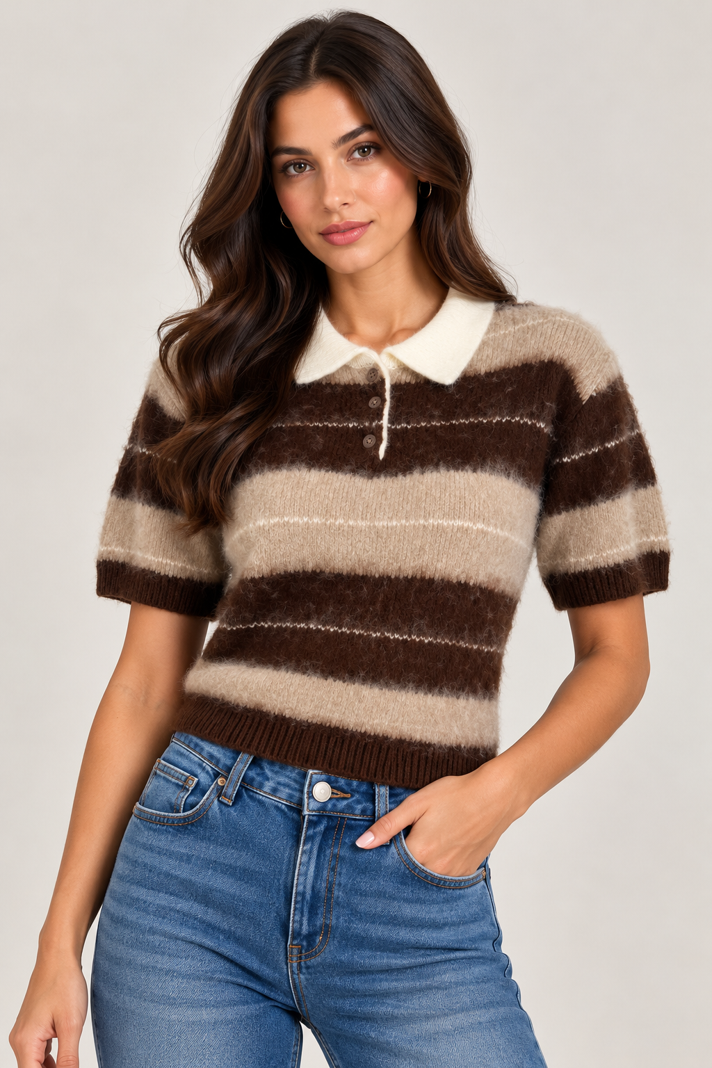 Striped wool T-shirt with a collar and buttons