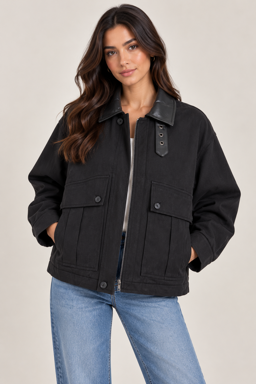 Milton jacket with zipper, leather collar, large pocket, and buttons.