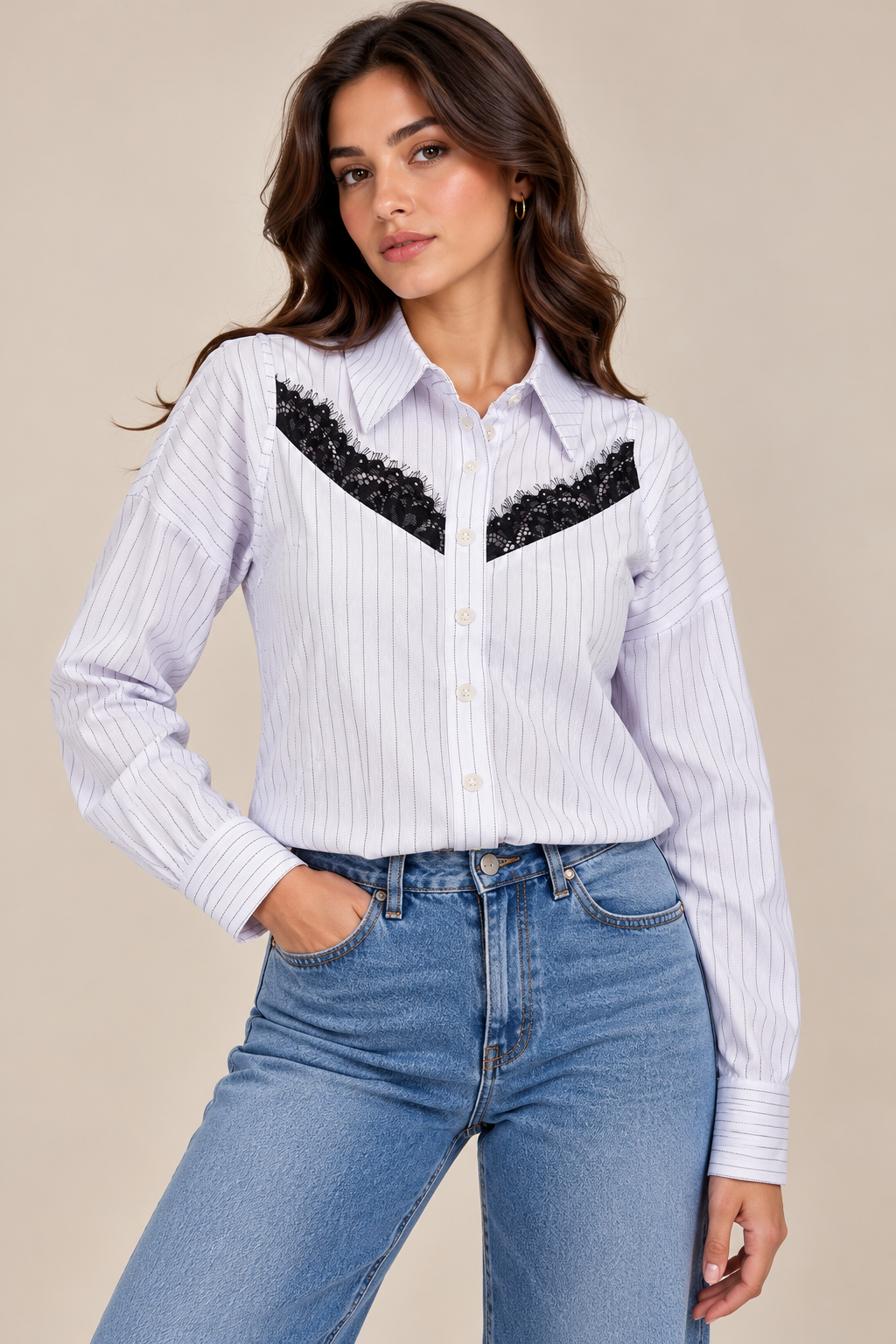 Shirt with white and black striped top set, sleeveless top with black lace bodice