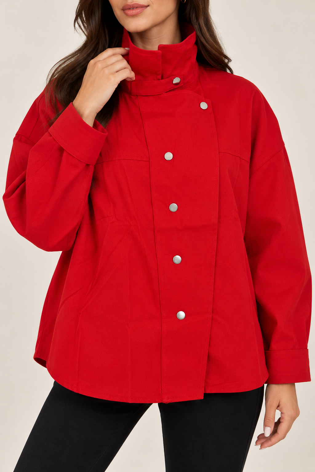 Red shirt with slanted snap buttons on the chest