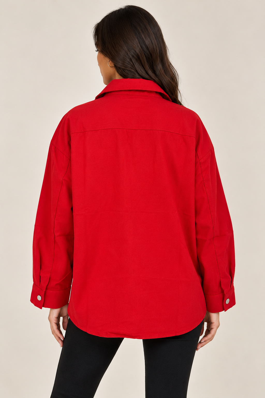 Red shirt with slanted snap buttons on the chest