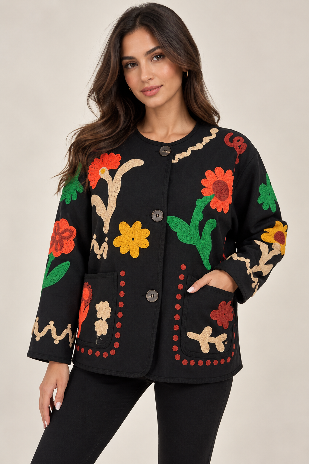Black jacket with roses and buttons on the chest