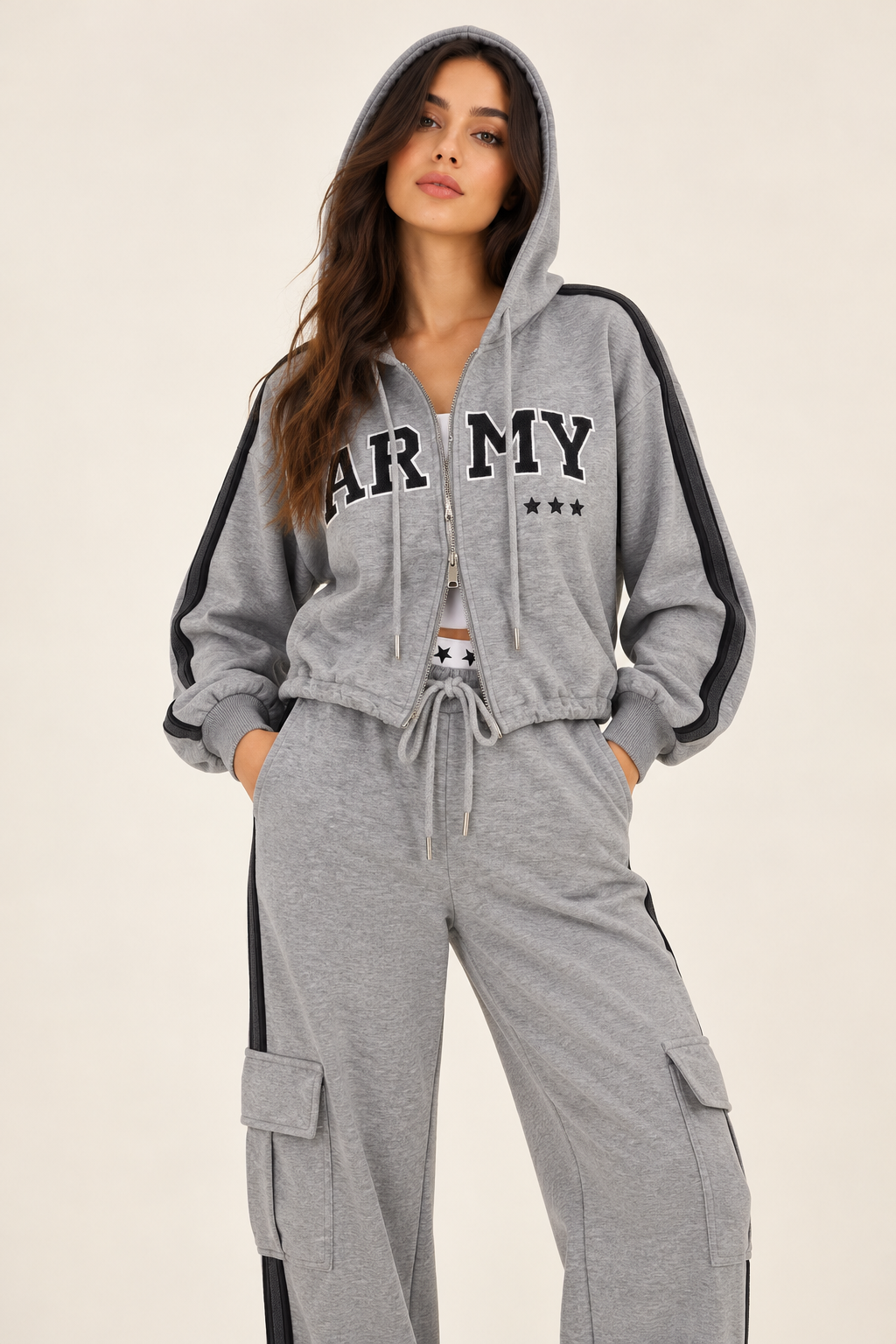 "ARMY" grey sweatshirt with stars, hood, and stripes on the sleeves