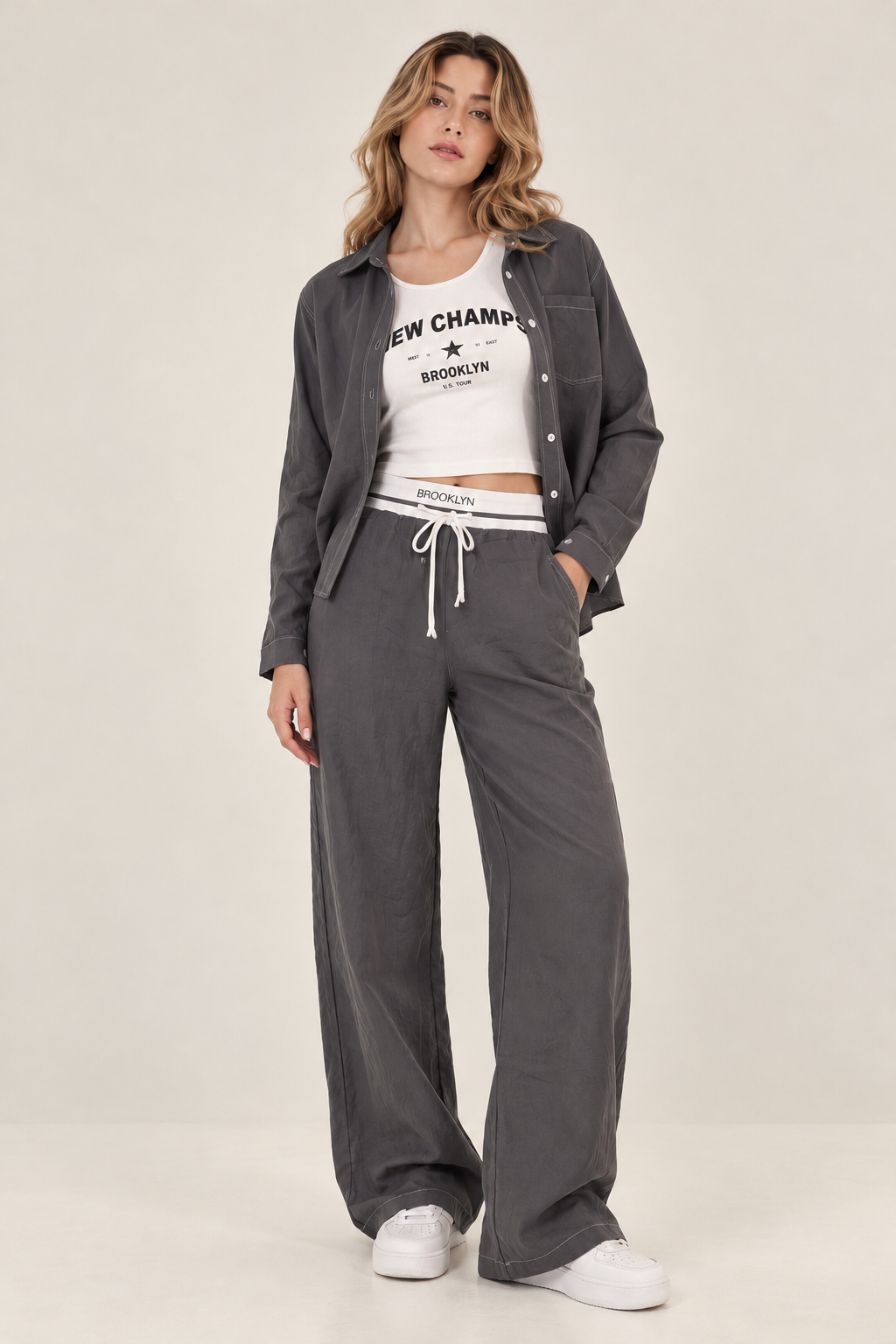 Charcoal trousers with white elastic waistband "BROOKLYN"