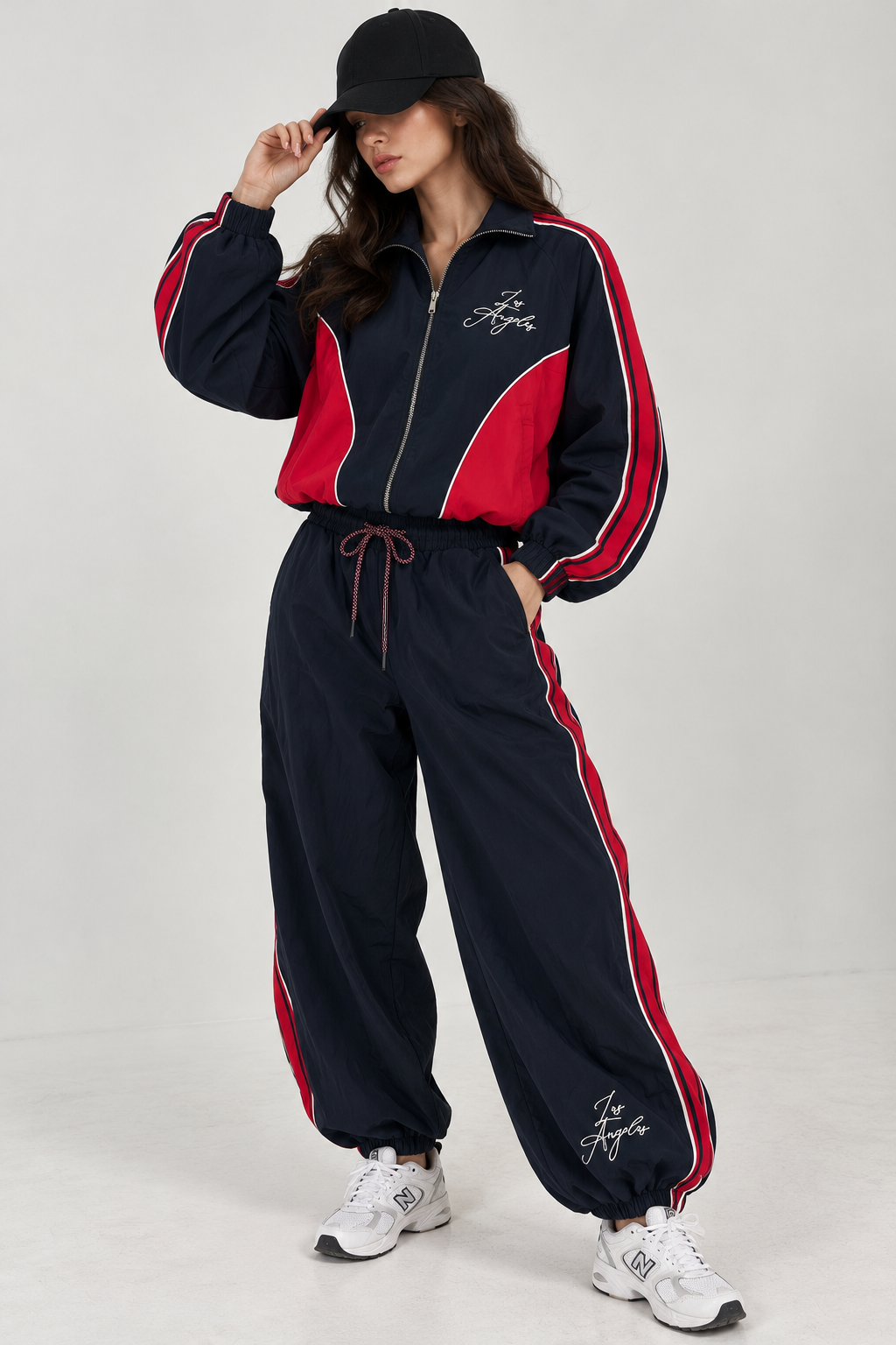 Navy blue waterproof sweatshirt with a red stripe on the sleeves "LOS ANGELES"