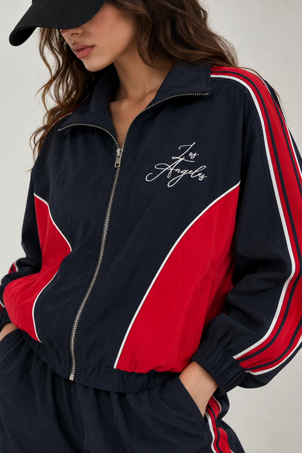 Navy blue waterproof sweatshirt with a red stripe on the sleeves "LOS ANGELES"