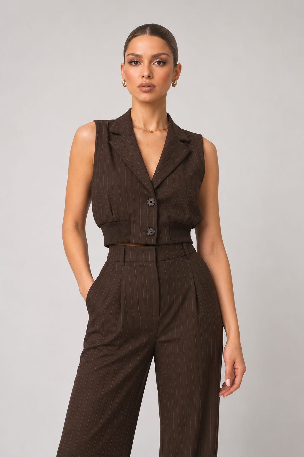 Brown striped button-up vest with a V-neck and fitted waist