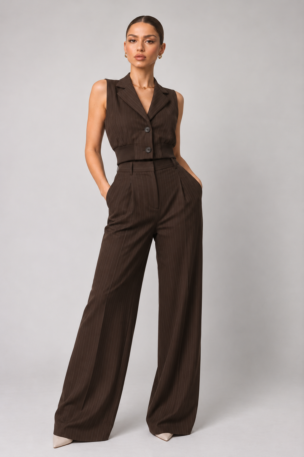 Brown striped straight cut pants