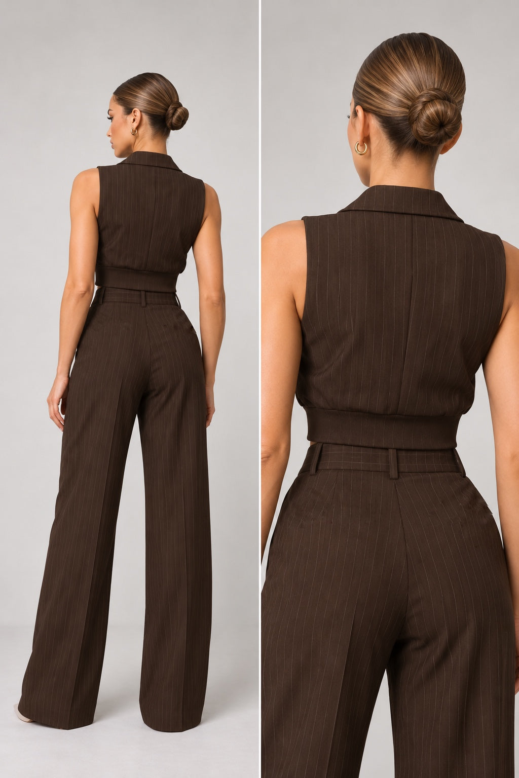 Brown striped button-up vest with a V-neck and fitted waist